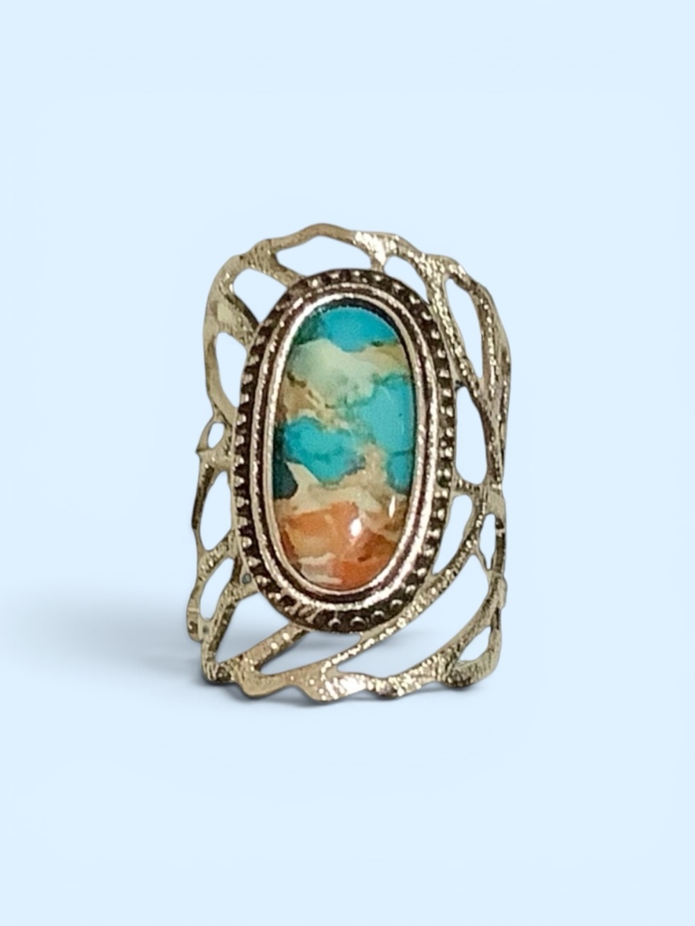 Silver Statement Ring with Turquoise & Coral Mosiac Glass Stone. NWOT